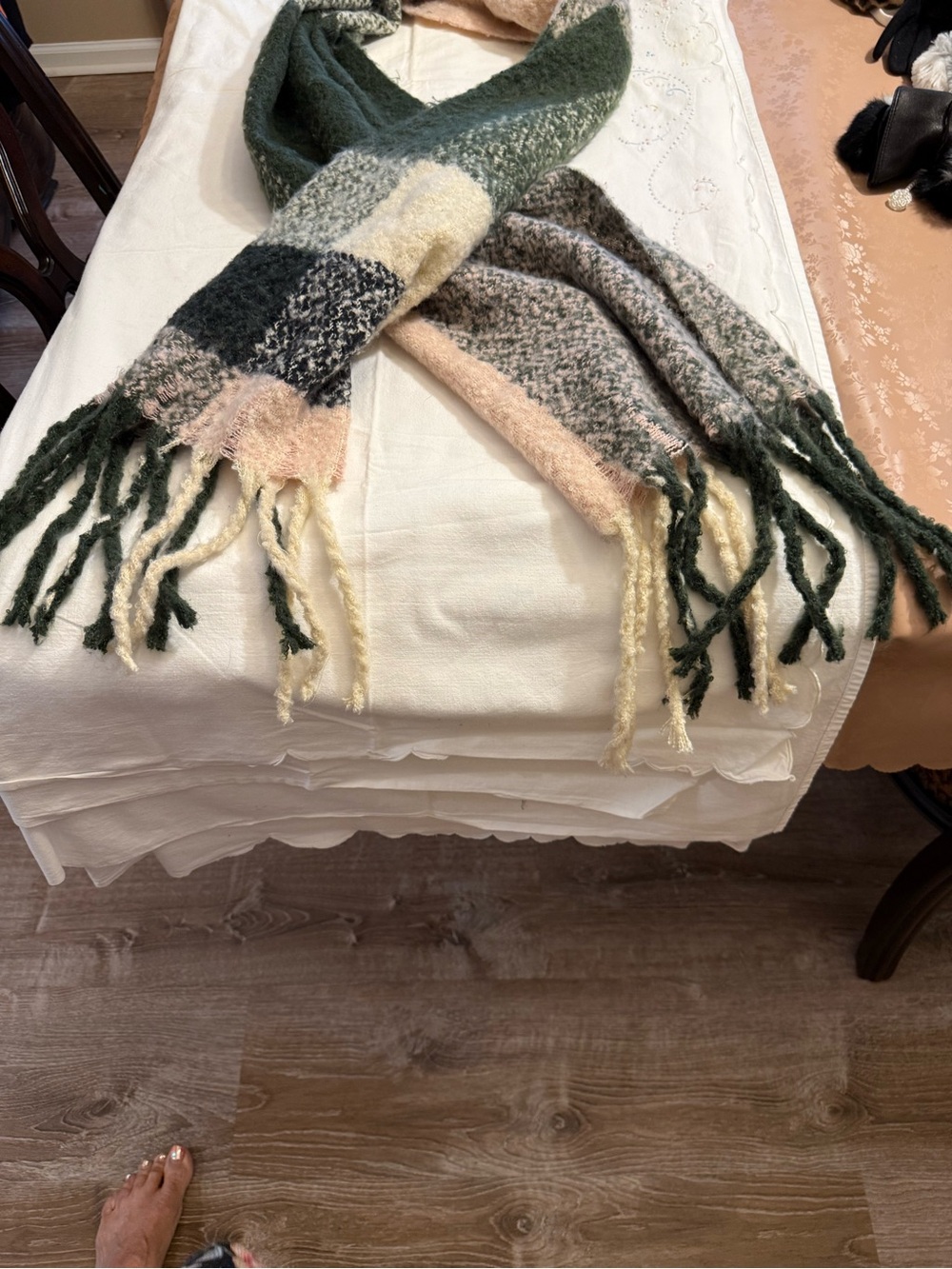 Cozy Plaid Fringe Warm scarf  in Green,  & Cream